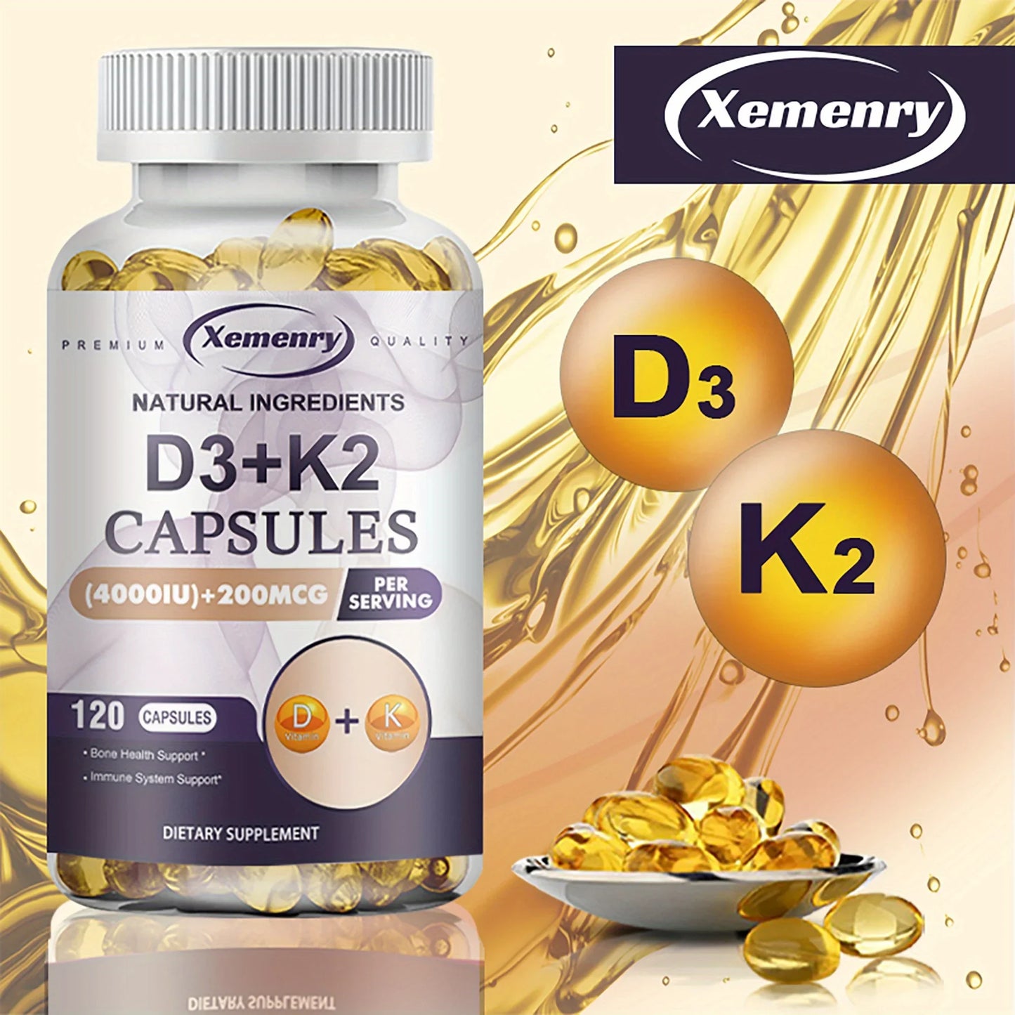 Vitamin D3 K2 Complex – 2-in-1 Daily Supplement for Immune & Bone Health (120 Capsules)