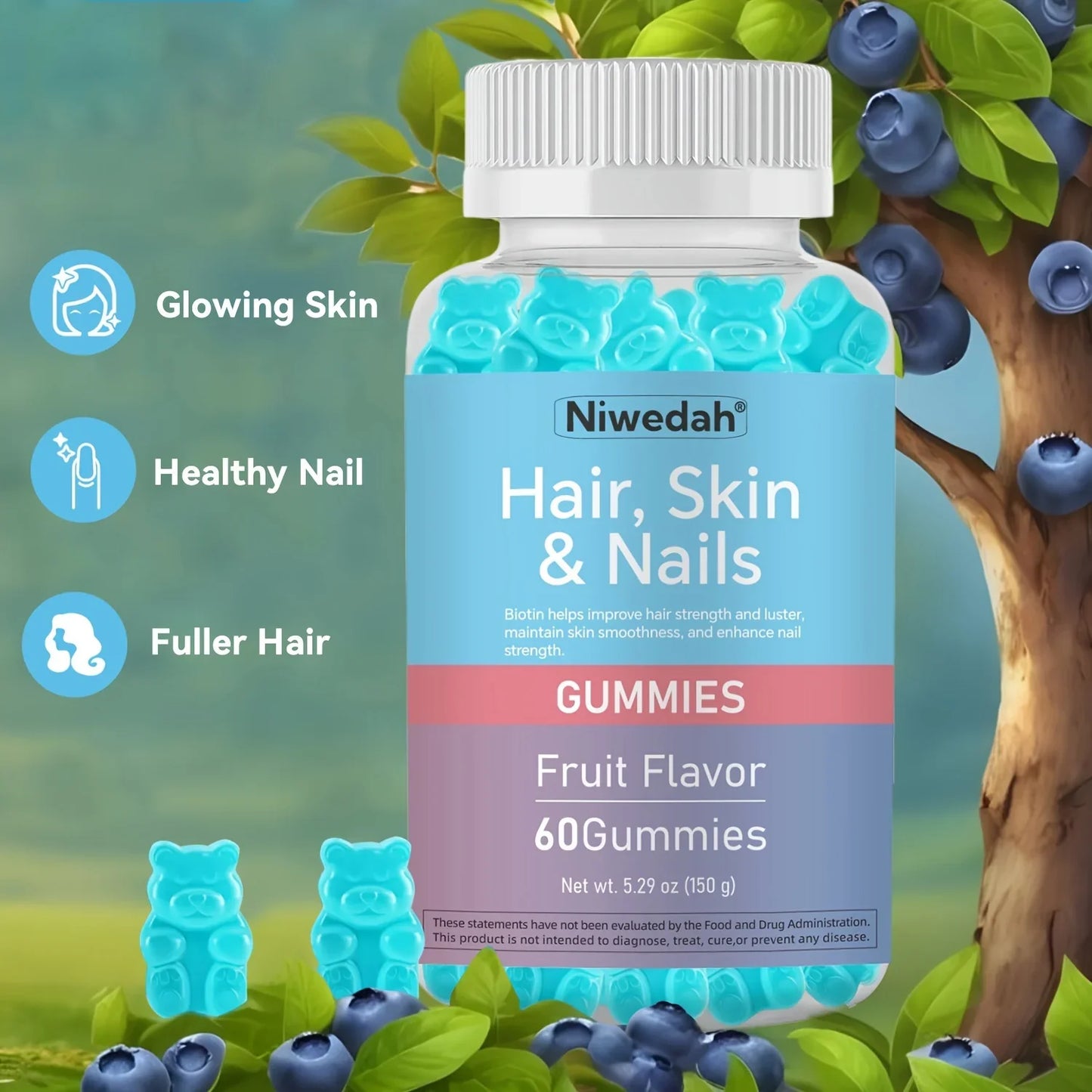 Biotin Gummies for Women & Men 60 Vegan Gluten-Free Gummy Bears Promote Healthy Hair Growth Radiant Skin & Strong Nails - Beauty Supplement Gift