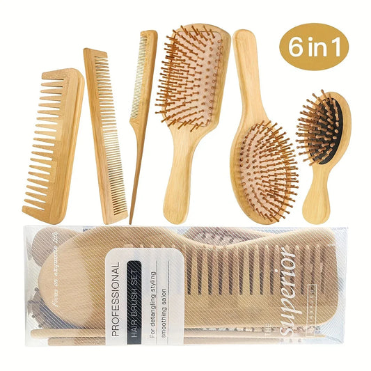Bamboo Hair Brush Set – 6pc Eco Hair Care Kit for All Hair Types