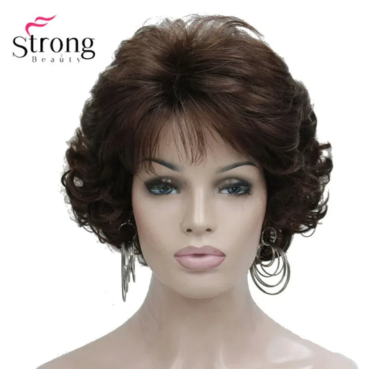 Dark Auburn Short Curly Synthetic Hair Wig Thick Average