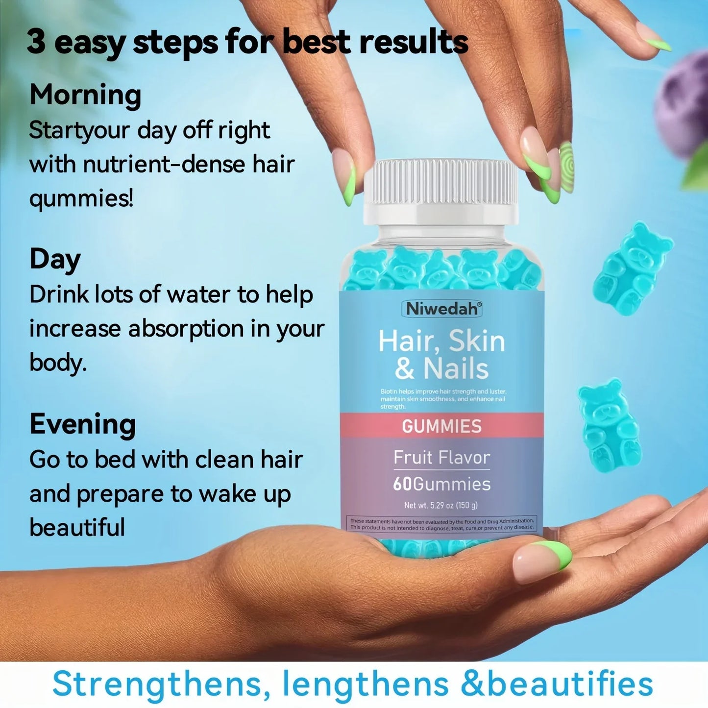 Biotin Gummies for Women & Men 60 Vegan Gluten-Free Gummy Bears Promote Healthy Hair Growth Radiant Skin & Strong Nails - Beauty Supplement Gift