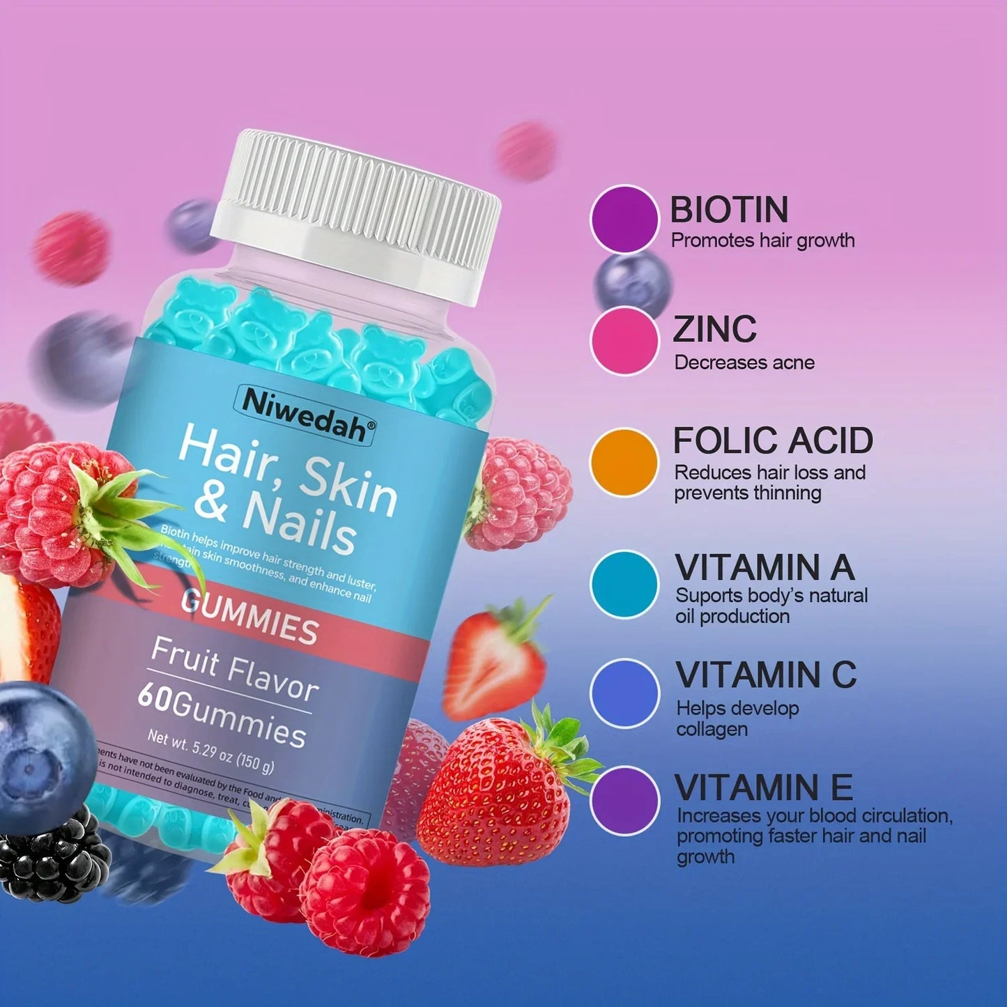 Biotin Gummies for Women & Men 60 Vegan Gluten-Free Gummy Bears Promote Healthy Hair Growth Radiant Skin & Strong Nails - Beauty Supplement Gift