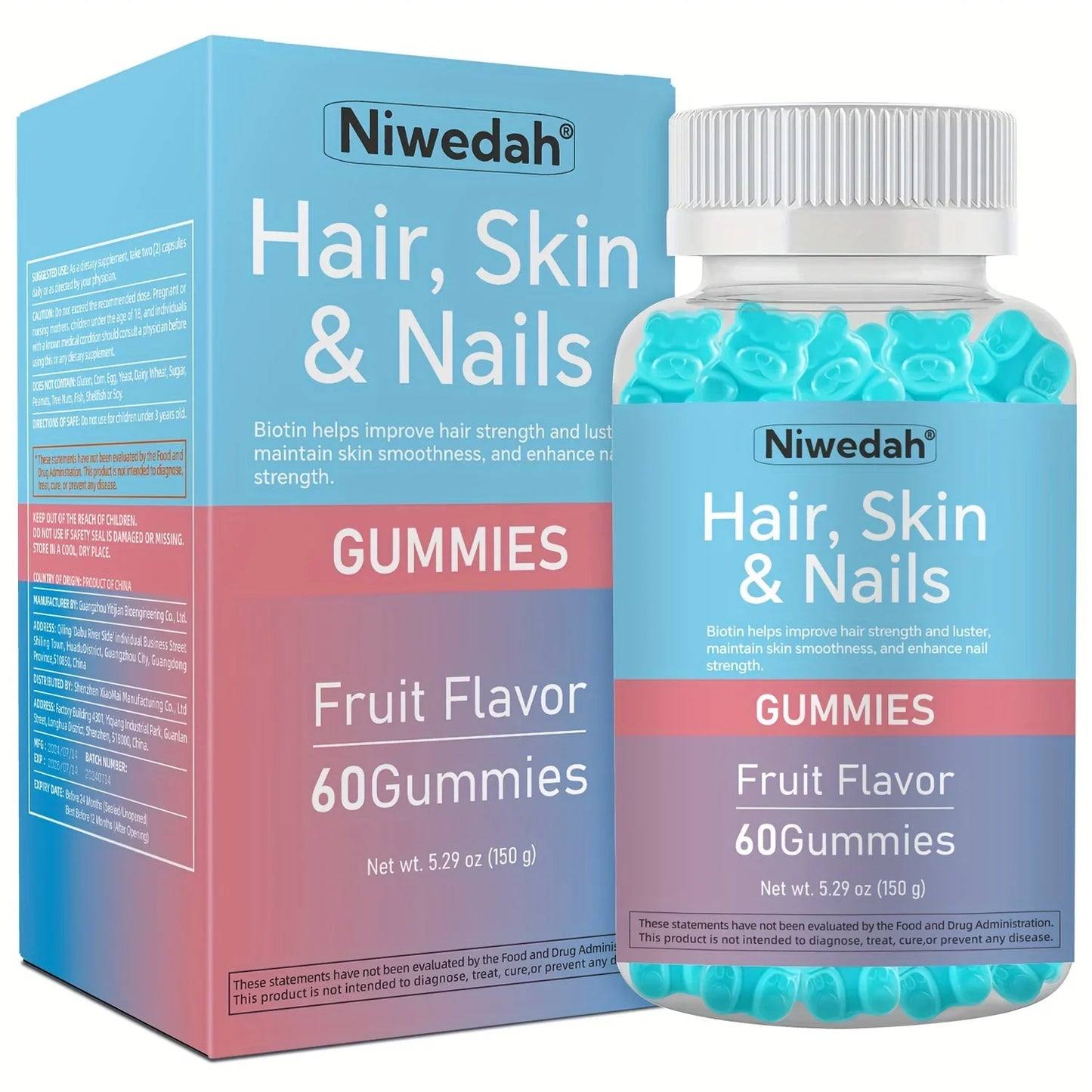 Biotin Gummies for Women & Men 60 Vegan Gluten-Free Gummy Bears Promote Healthy Hair Growth Radiant Skin & Strong Nails - Beauty Supplement Gift