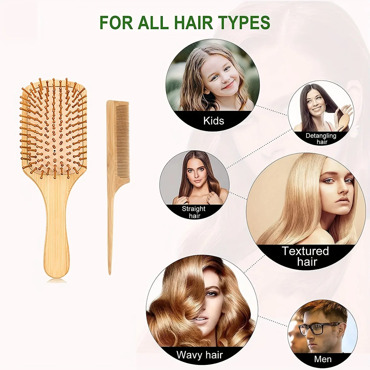 Bamboo Hair Brush Set – 6pc Eco Hair Care Kit for All Hair Types