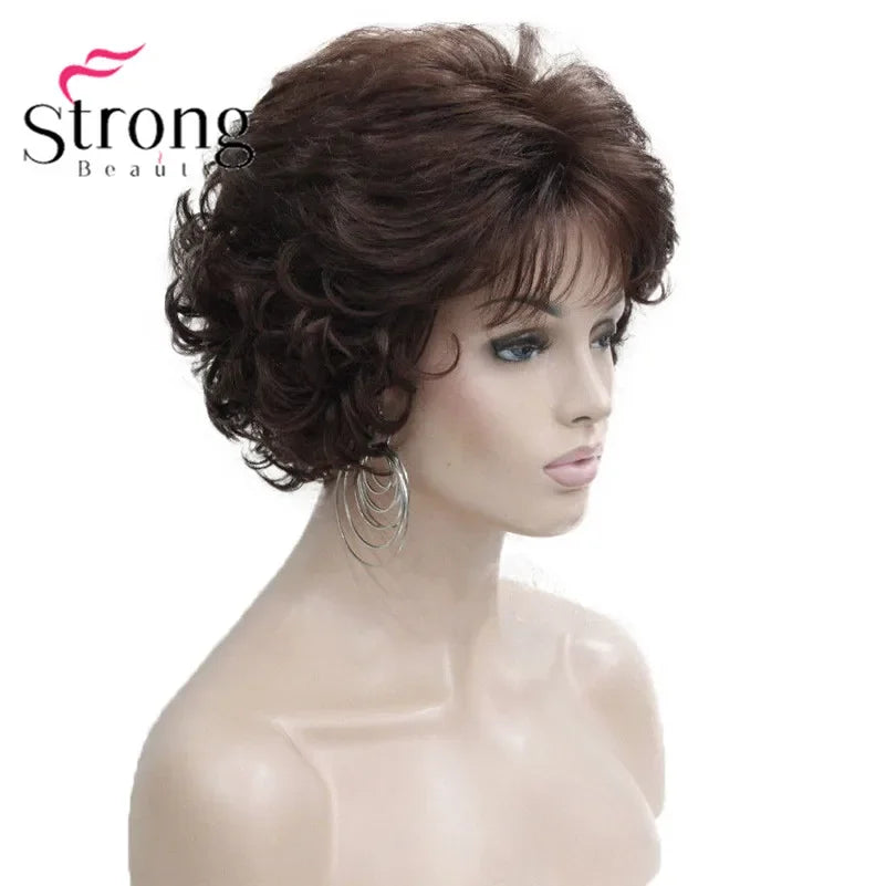 Dark Auburn Short Curly Synthetic Hair Wig Thick Average