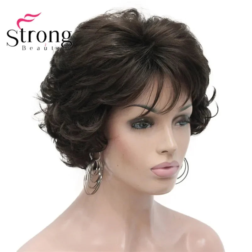 Dark Auburn Short Curly Synthetic Hair Wig Thick Average