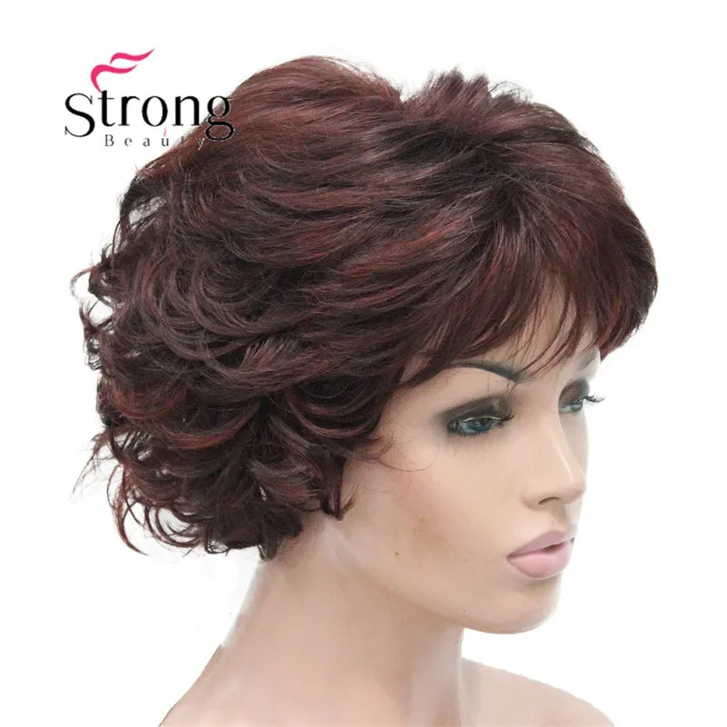 Dark Auburn Short Curly Synthetic Hair Wig Thick Average