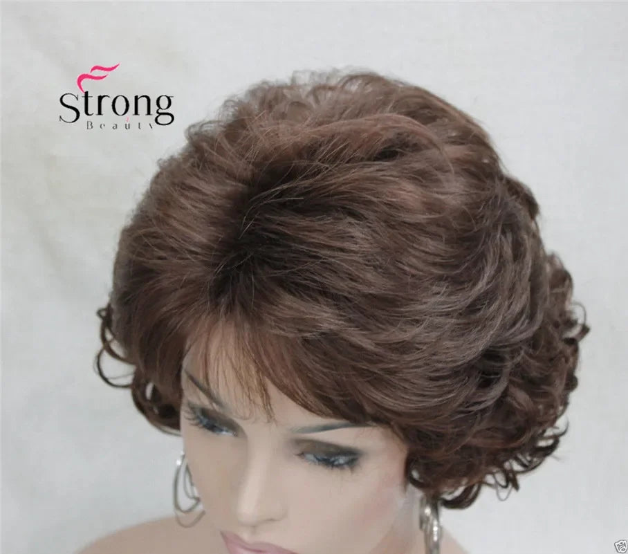 Dark Auburn Short Curly Synthetic Hair Wig Thick Average