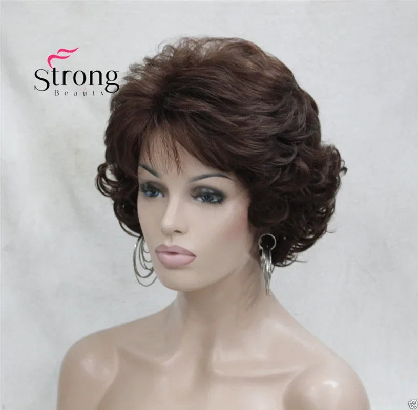 Dark Auburn Short Curly Synthetic Hair Wig Thick Average