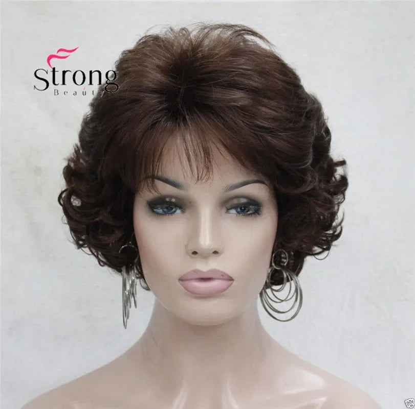 Dark Auburn Short Curly Synthetic Hair Wig Thick Average