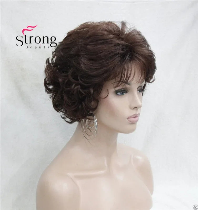 Dark Auburn Short Curly Synthetic Hair Wig Thick Average