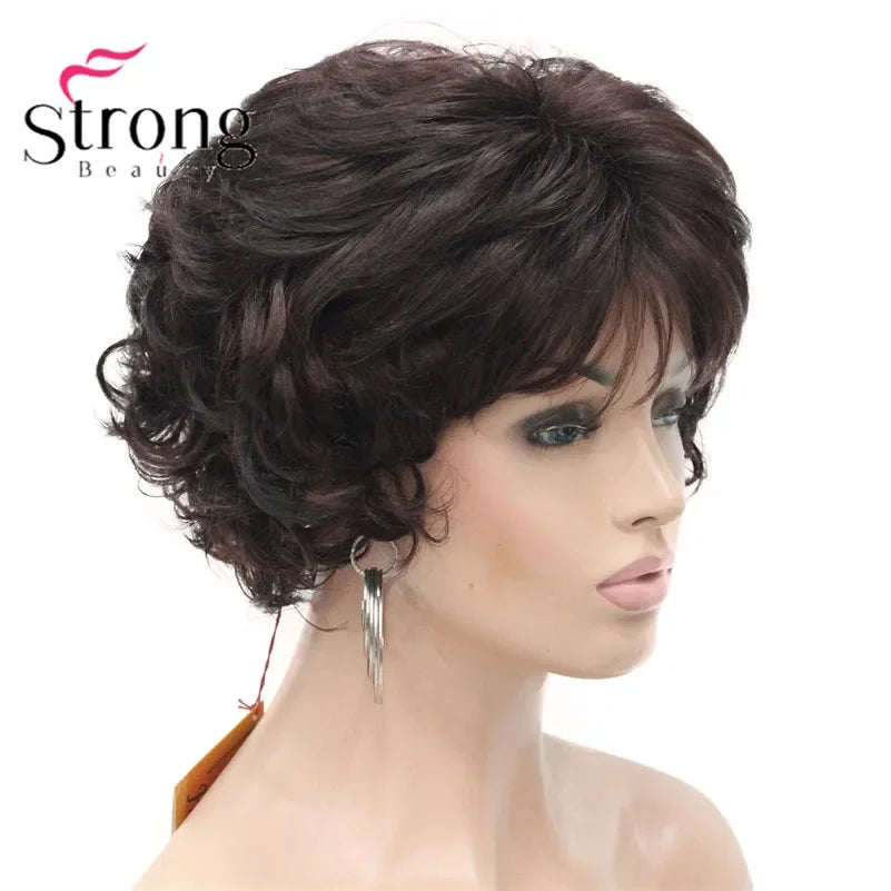 Dark Auburn Short Curly Synthetic Hair Wig Thick Average