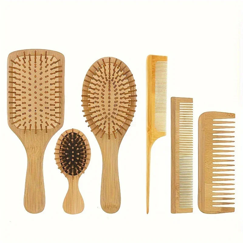 Bamboo Hair Brush Set – 6pc Eco Hair Care Kit for All Hair Types